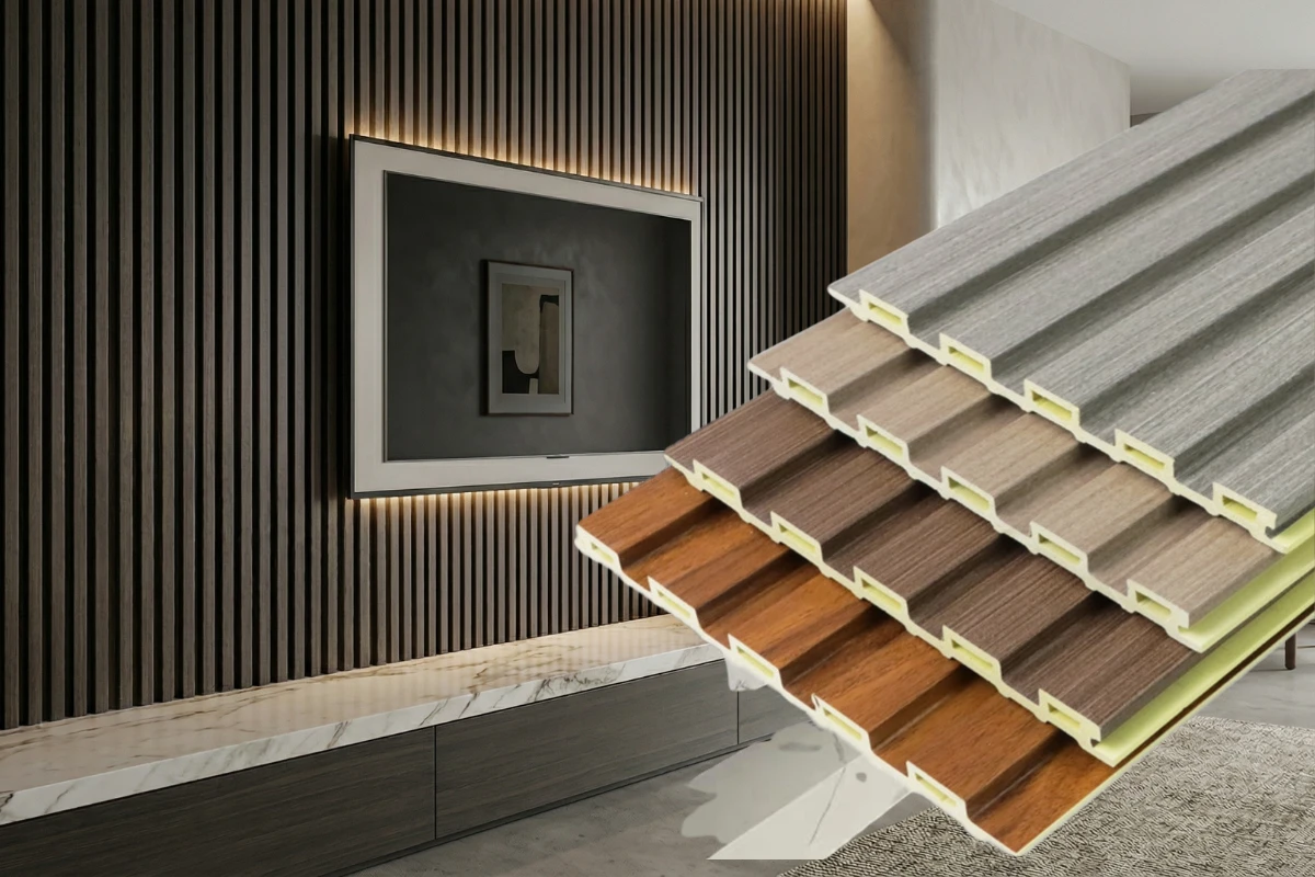 Fluted PVC wall panel profiles in three surface finishes, showing the hollow rib structure and interlocking edge