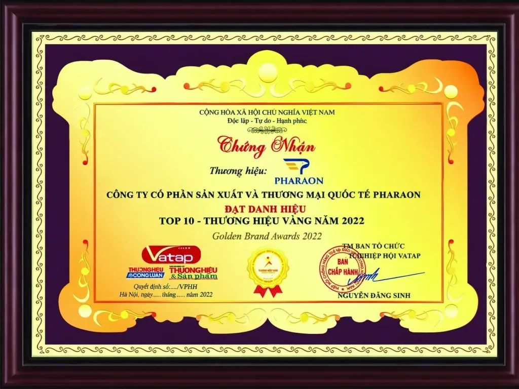 Top 10 Golden Brand Awards 2022 certificate awarded to Pharaon by VATAP