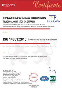 ISO 14001:2015 environmental management system certificate issued to Pharaon by INSPECT Certifications
