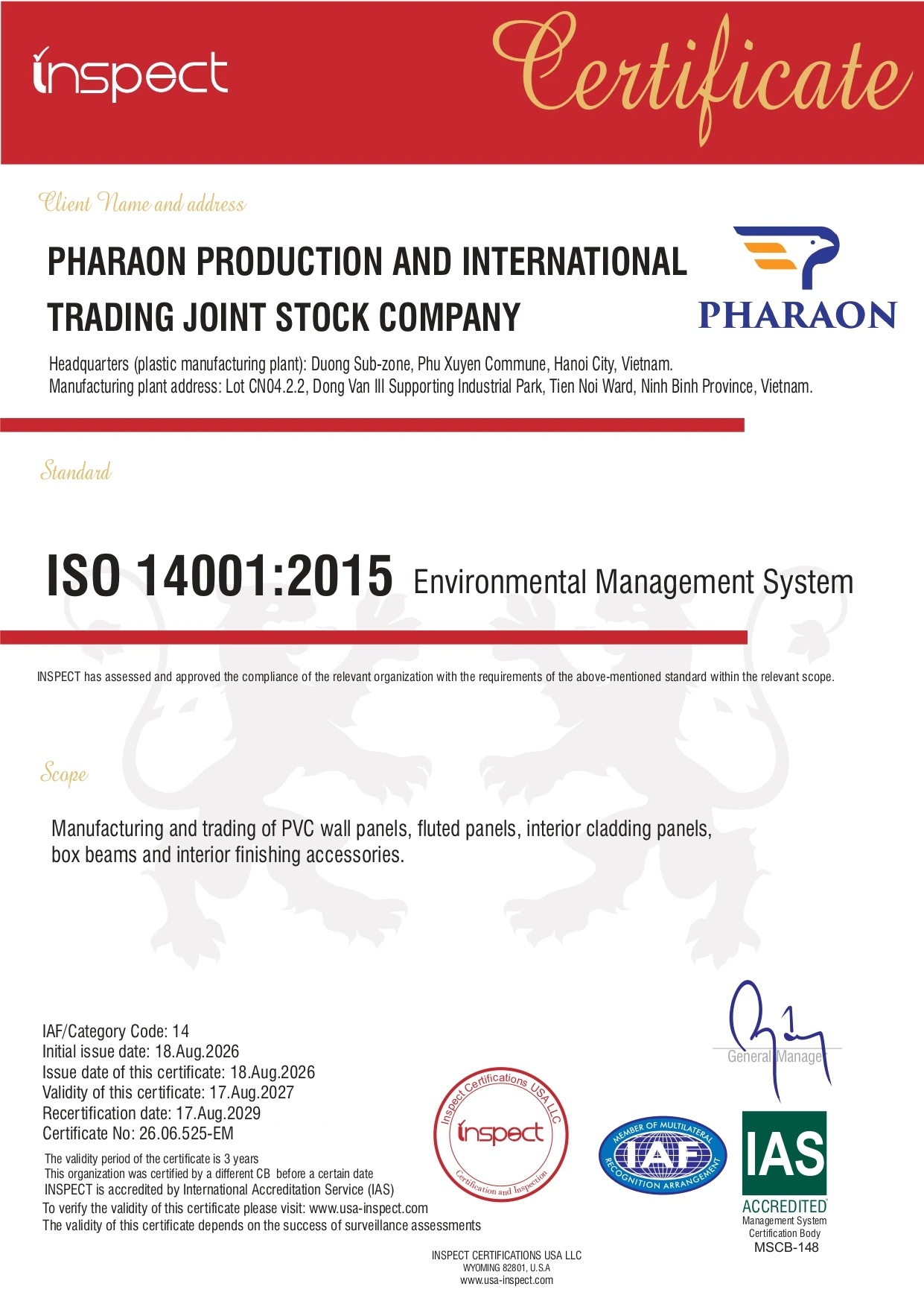 ISO 14001:2015 environmental management system certificate issued to Pharaon by INSPECT Certifications