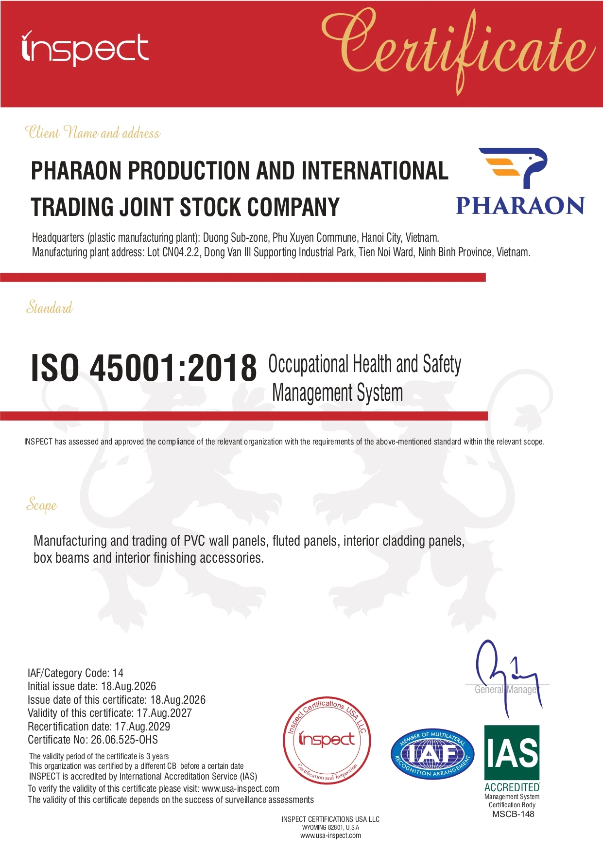 ISO 45001:2018 occupational health and safety management system certificate issued to Pharaon by INSPECT Certifications