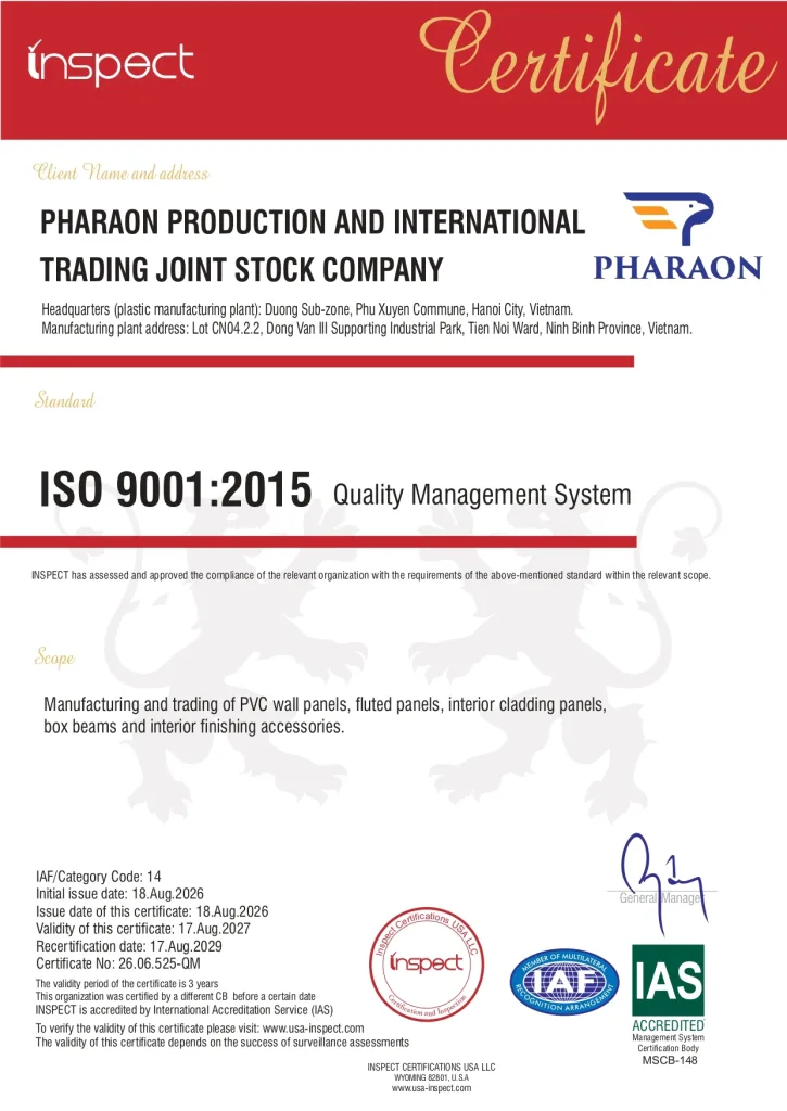 ISO 9001:2015 quality management system certificate issued to Pharaon by INSPECT Certifications
