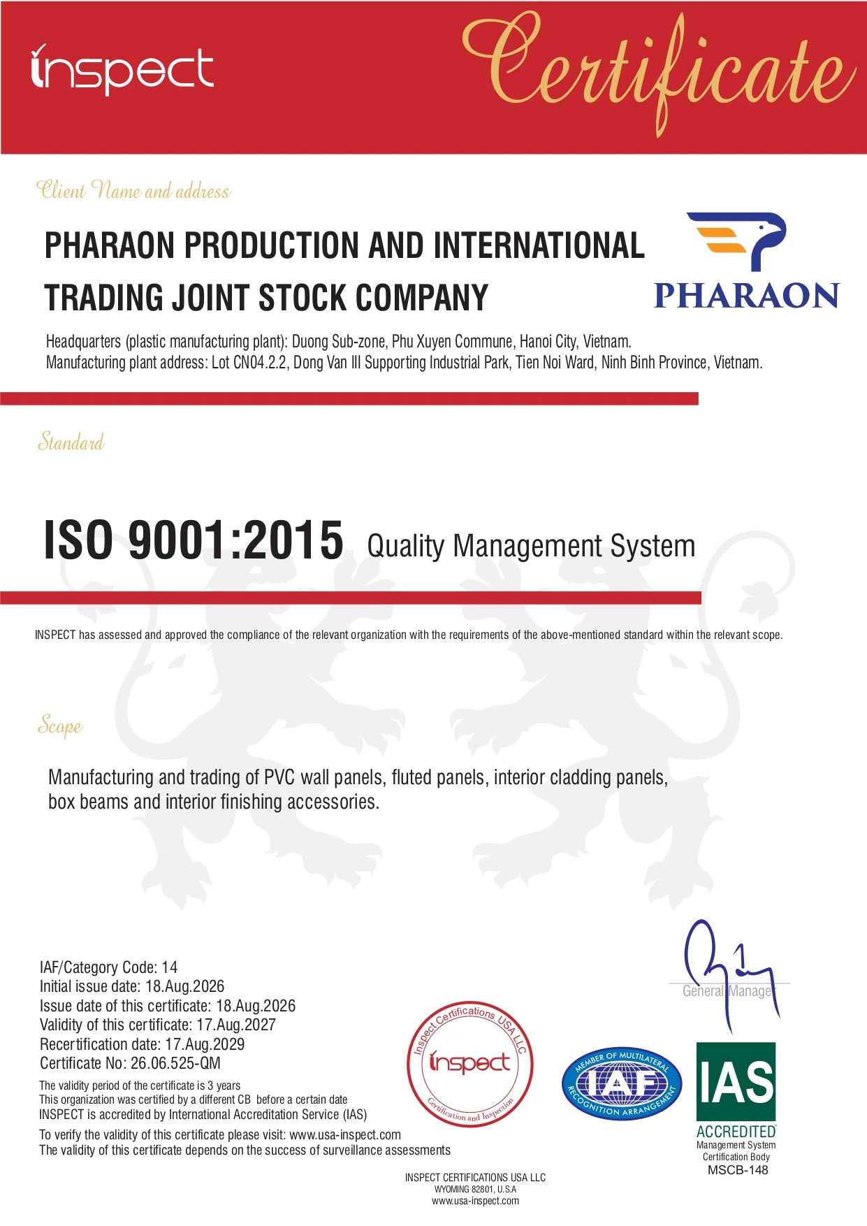 ISO 9001:2015 quality management system certificate issued to Pharaon by INSPECT Certifications