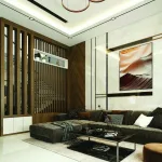 Modern living room with a wood-finish panelled feature wall and a vertical slat partition