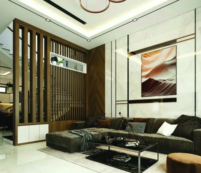 Modern living room with a wood-finish panelled feature wall and a vertical slat partition