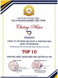 Pharaon Top 10 Vietnamese trusted brand award certificate