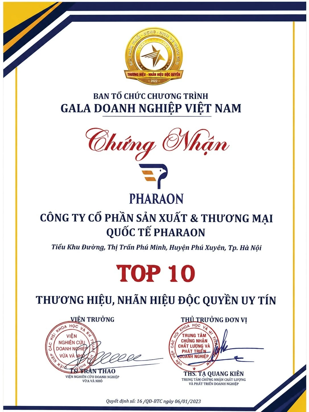 Pharaon Top 10 Vietnamese trusted brand award certificate