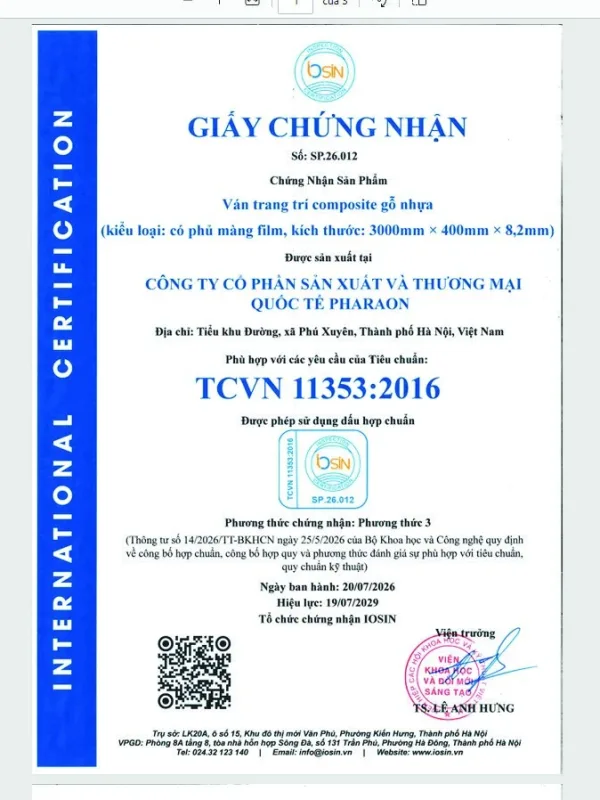 Pharaon product certificate TCVN 11353:2016 for wood-plastic composite decorative board