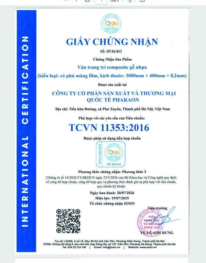 Pharaon product certificate TCVN 11353:2016 for wood-plastic composite decorative board