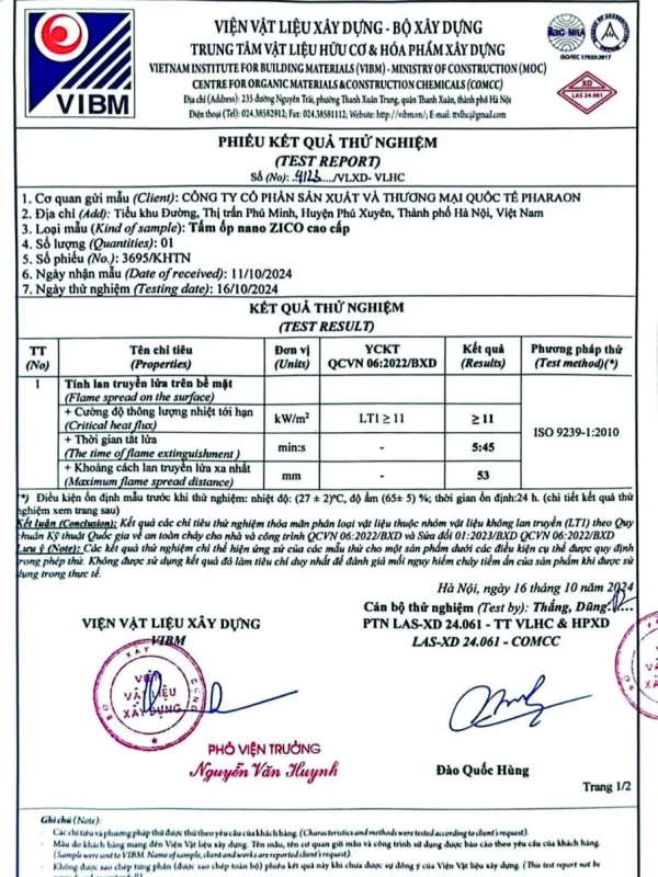 Pharaon flame spread test report to ISO 9239-1:2010 issued by VIBM, page 1