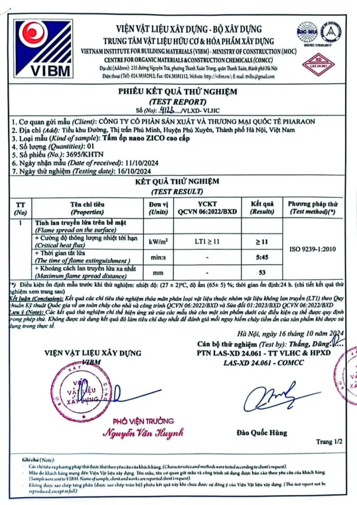 Pharaon flame spread test report to ISO 9239-1:2010 issued by VIBM, page 1