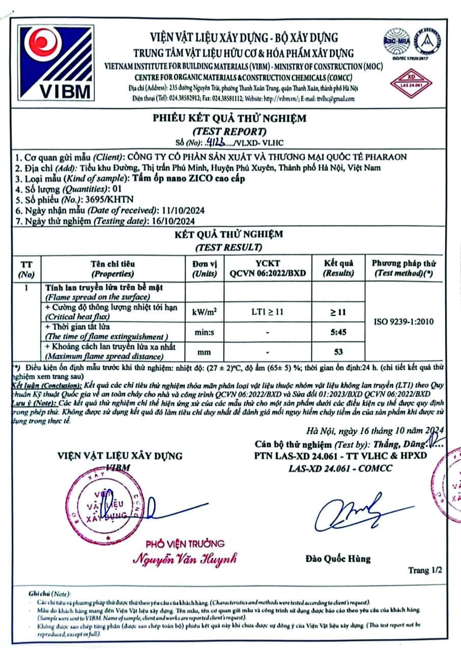 Pharaon flame spread test report to ISO 9239-1:2010 issued by VIBM, page 1