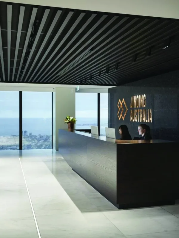 Office reception finished with a Pharaon slat panel ceiling and wall