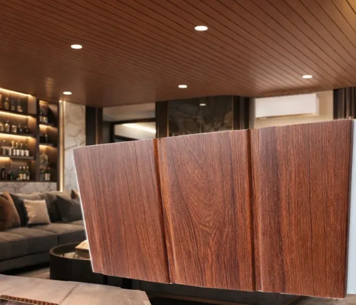 PVC fluted wall panel board with grooved face, shown against a modern interior with a slatted ceiling
