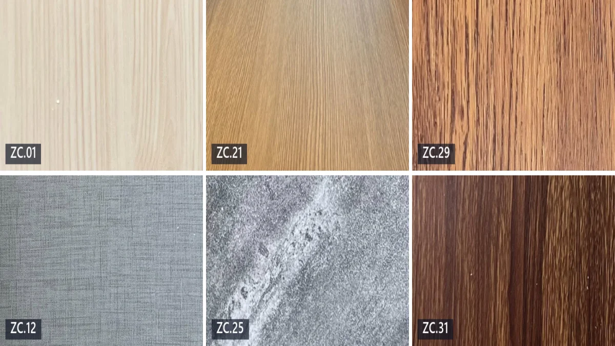 Six ZICO surface finishes used on PVC interior wall cladding, in woodgrain, linen and stone patterns